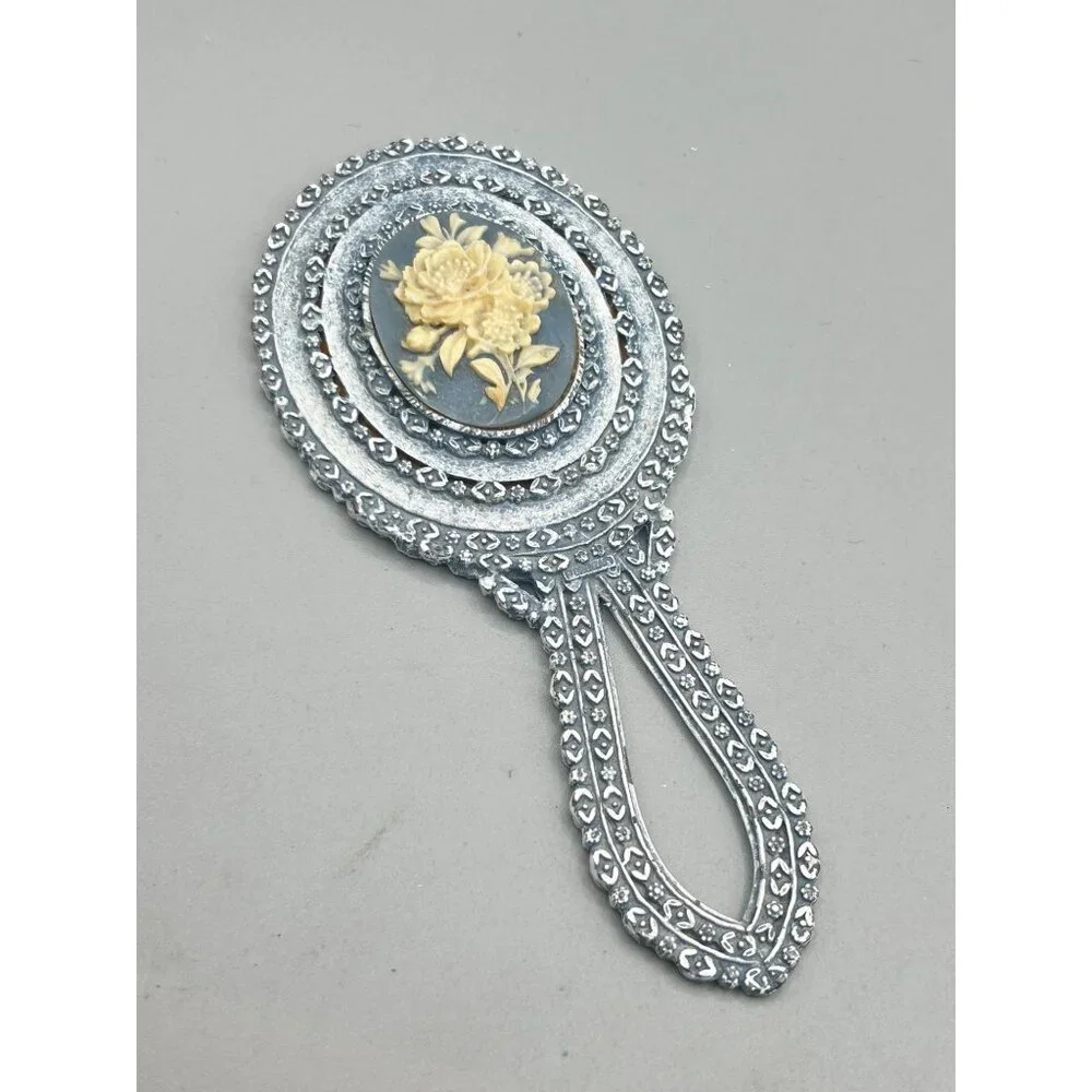 Vintage Florenza Small Hand Mirror Dusty Blue Enamel with Floral Resin Cameo